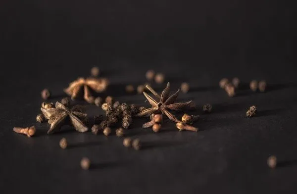 Whole spices arranged on a dark surface